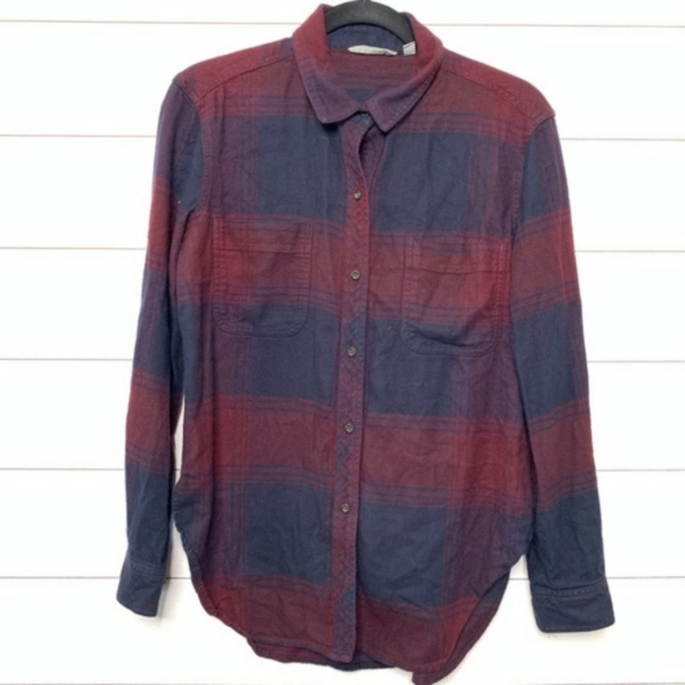 Athleta Navy Burgundy Plaid Button Down Shirt